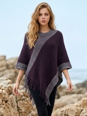 Anagram Asymmetrical Fringe Poncho Morad Plum One Size NEW